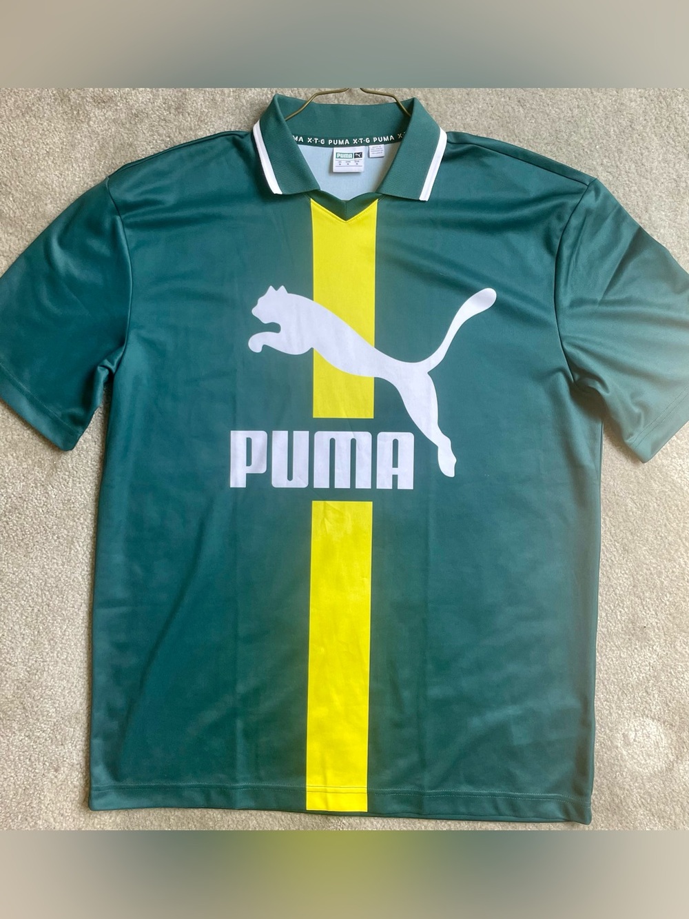 Puma Men's Dark Green Polo with Yellow Center Stripe & White Logo